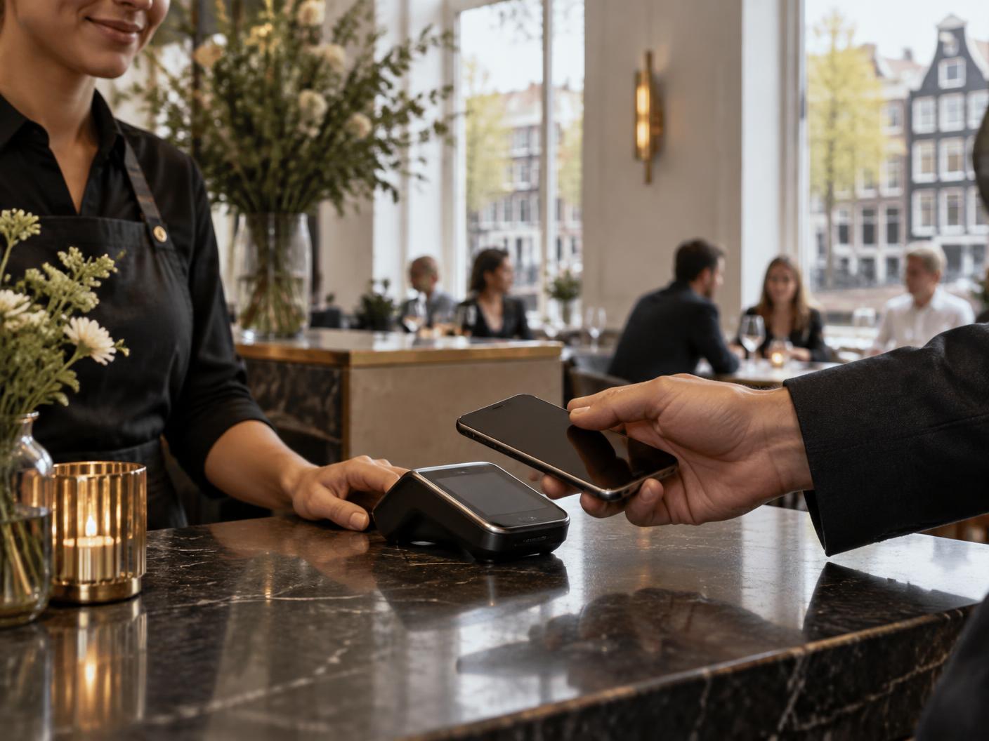 Een gast presenteert een telefoon bij het afrekenen